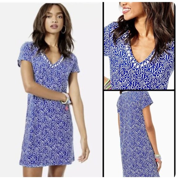 Lilly Pulitzer Dresses & Skirts - Lilly Pulitzer Etta Blue/White V-Neck T-Shirt Dress Size M  NEW WITH TAGS!